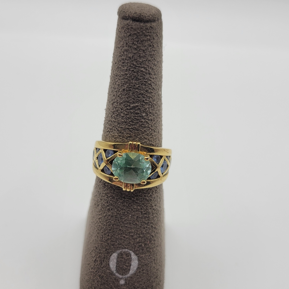 Gold-tone Women's Ring with Green Center Stone and Blue Inlay